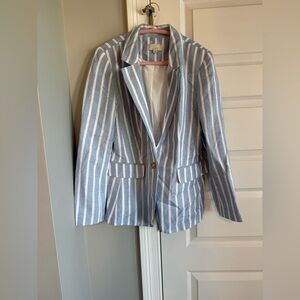 LOFT Light Blue and White Striped Single-Button Blazer